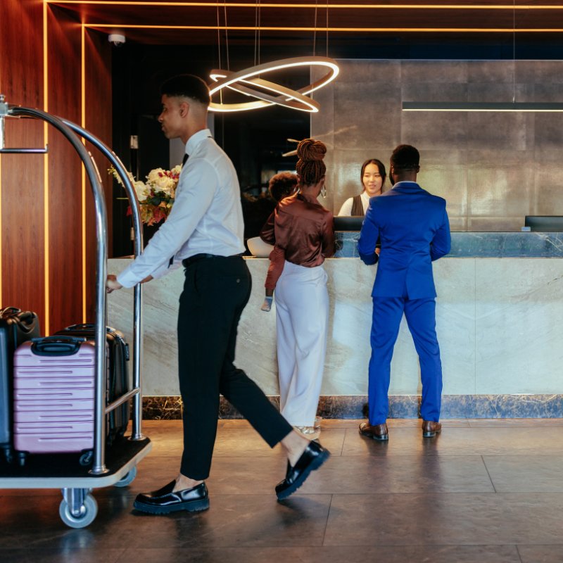 Generic hotel lobby reception desk; employee passing in foreground with luggage cart